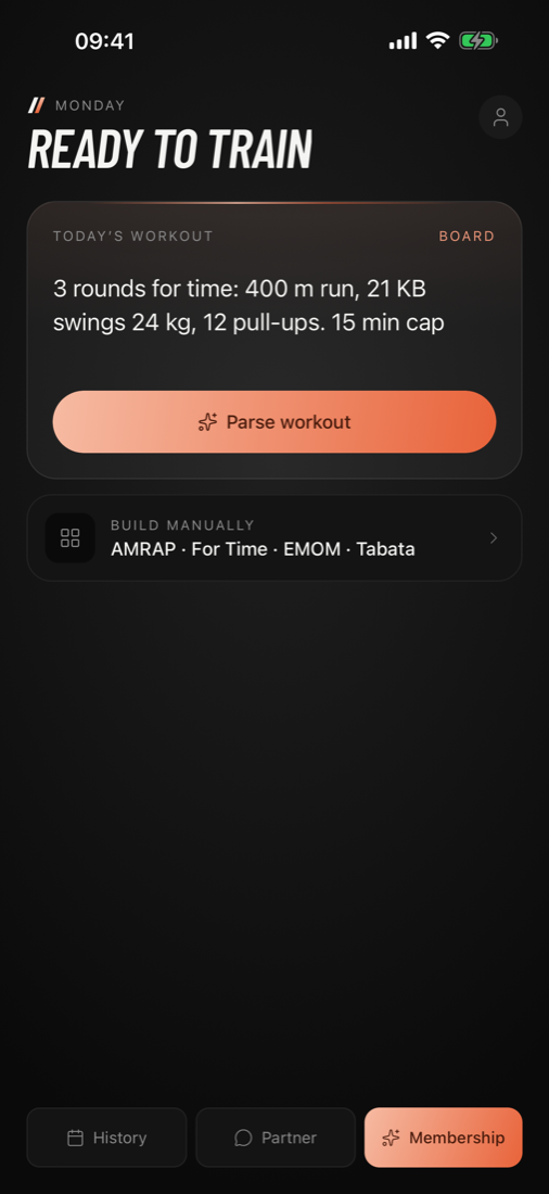 WODReady home screen with a pasted workout and a Parse workout button